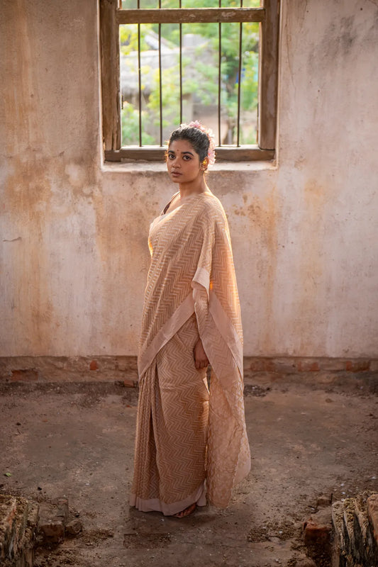 Handloom Beige Sandscape Linen Cotton Saree