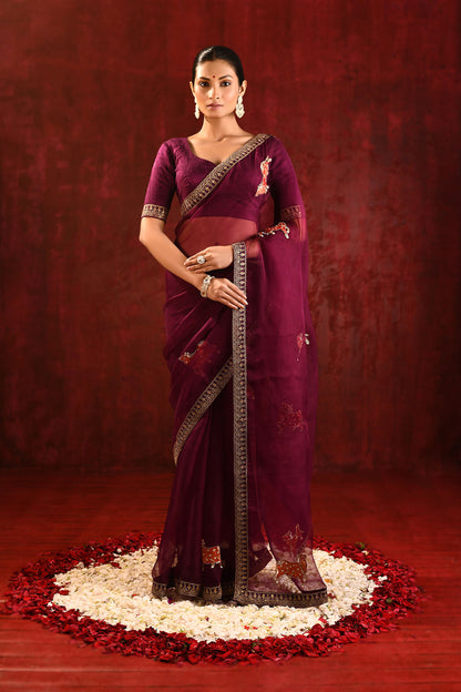 Dark Burgundy Embroidered Gomatha Organza Saree