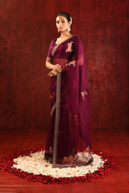 Dark Burgundy Embroidered Gomatha Organza Saree