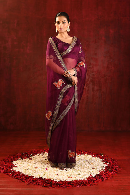 Dark Burgundy Embroidered Gomatha Organza Saree