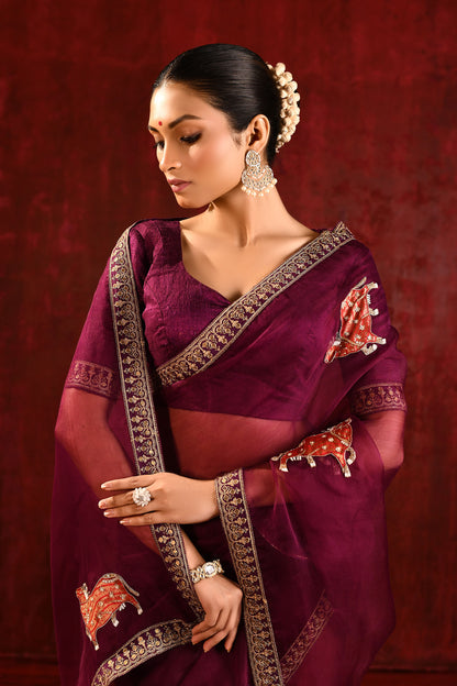 Dark Burgundy Embroidered Gomatha Organza Saree