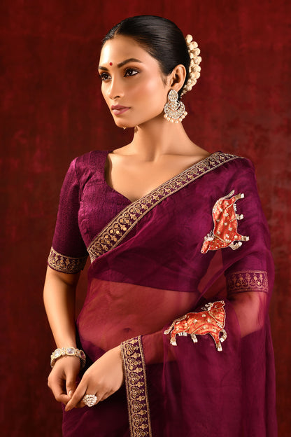 Dark Burgundy Embroidered Gomatha Organza Saree