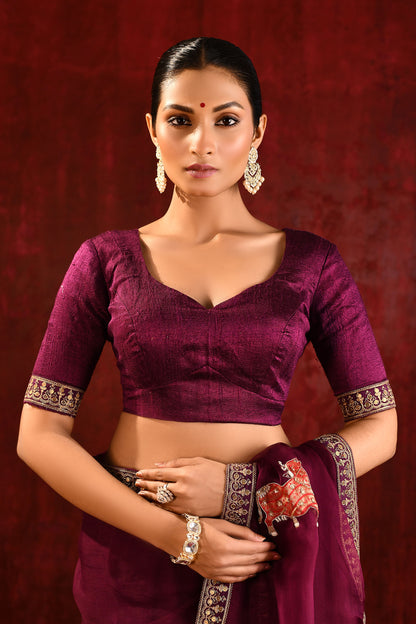 Dark Burgundy Embroidered Gomatha Organza Saree