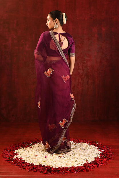 Dark Burgundy Embroidered Gomatha Organza Saree