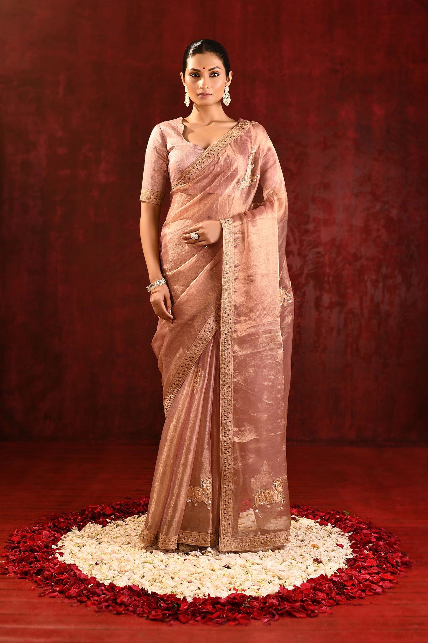 Pastel Gold Embroidered Gomatha Tissue Saree
