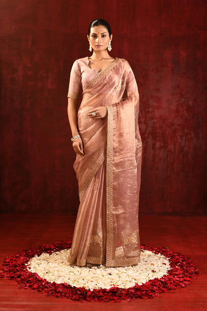 Pastel Gold Embroidered Gomatha Tissue Saree