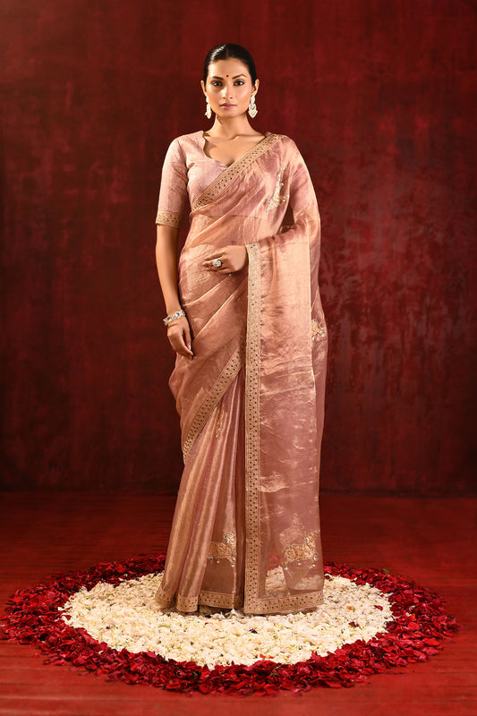 Pastel Gold Embroidered Gomatha Tissue Saree