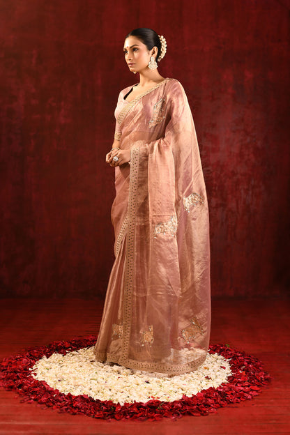 Pastel Gold Embroidered Gomatha Tissue Saree