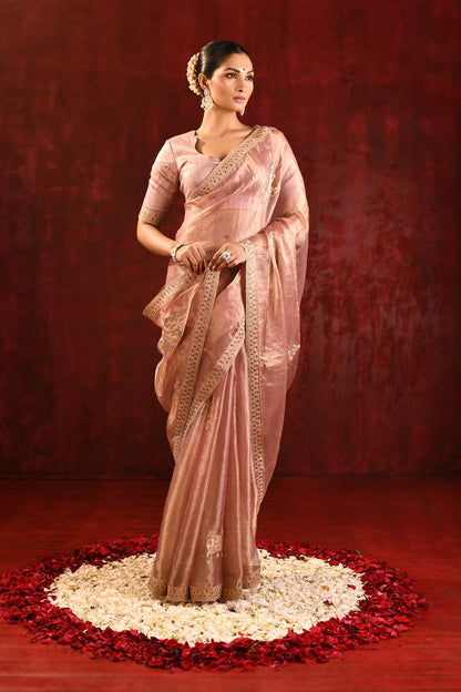 Pastel Gold Embroidered Gomatha Tissue Saree