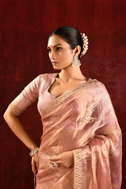 Pastel Gold Embroidered Gomatha Tissue Saree