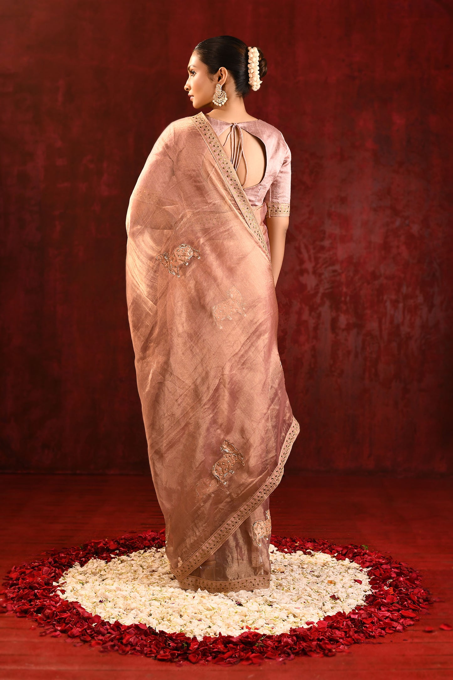 Pastel Gold Embroidered Gomatha Tissue Saree