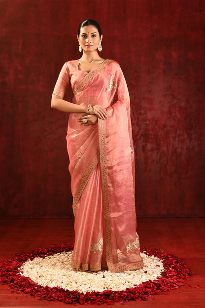 Peach Pink Floral Tissue Embroidered Saree