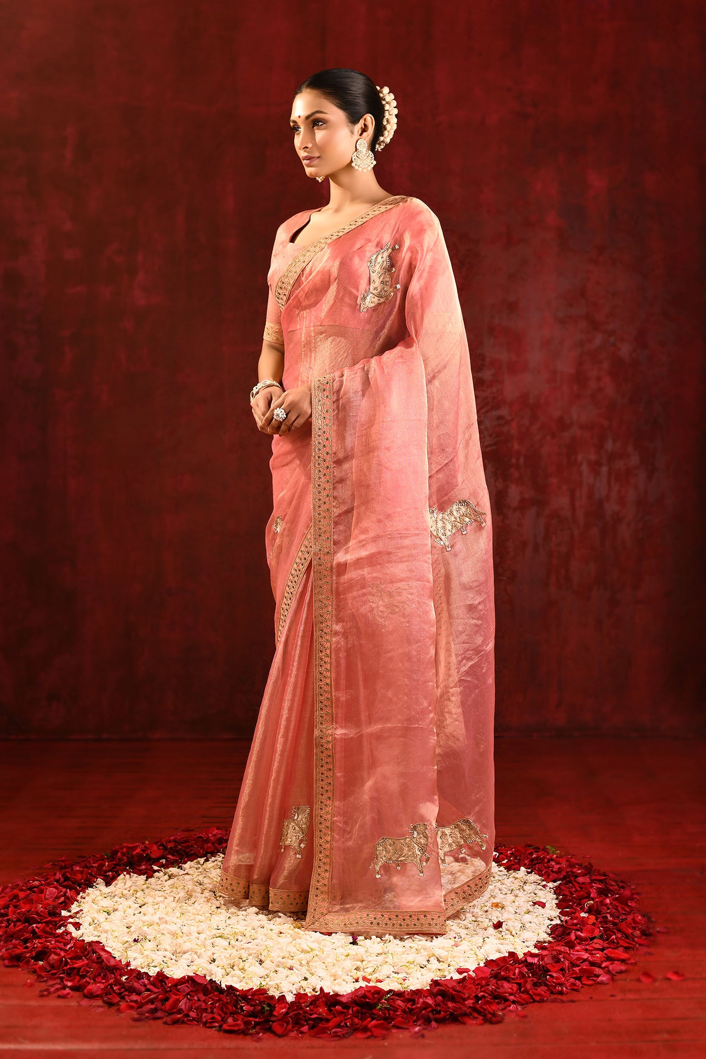 Peach Pink Floral Tissue Embroidered Saree