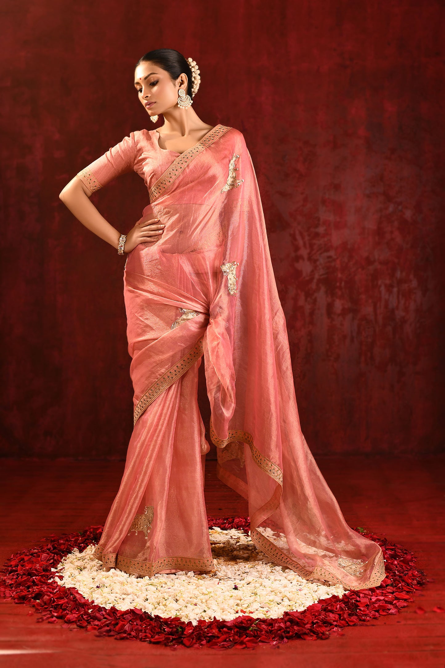 Peach Pink Floral Tissue Embroidered Saree