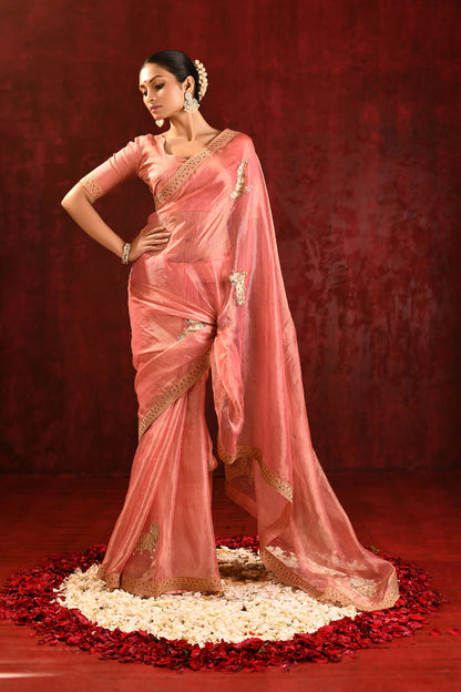 Peach Pink Floral Tissue Embroidered Saree