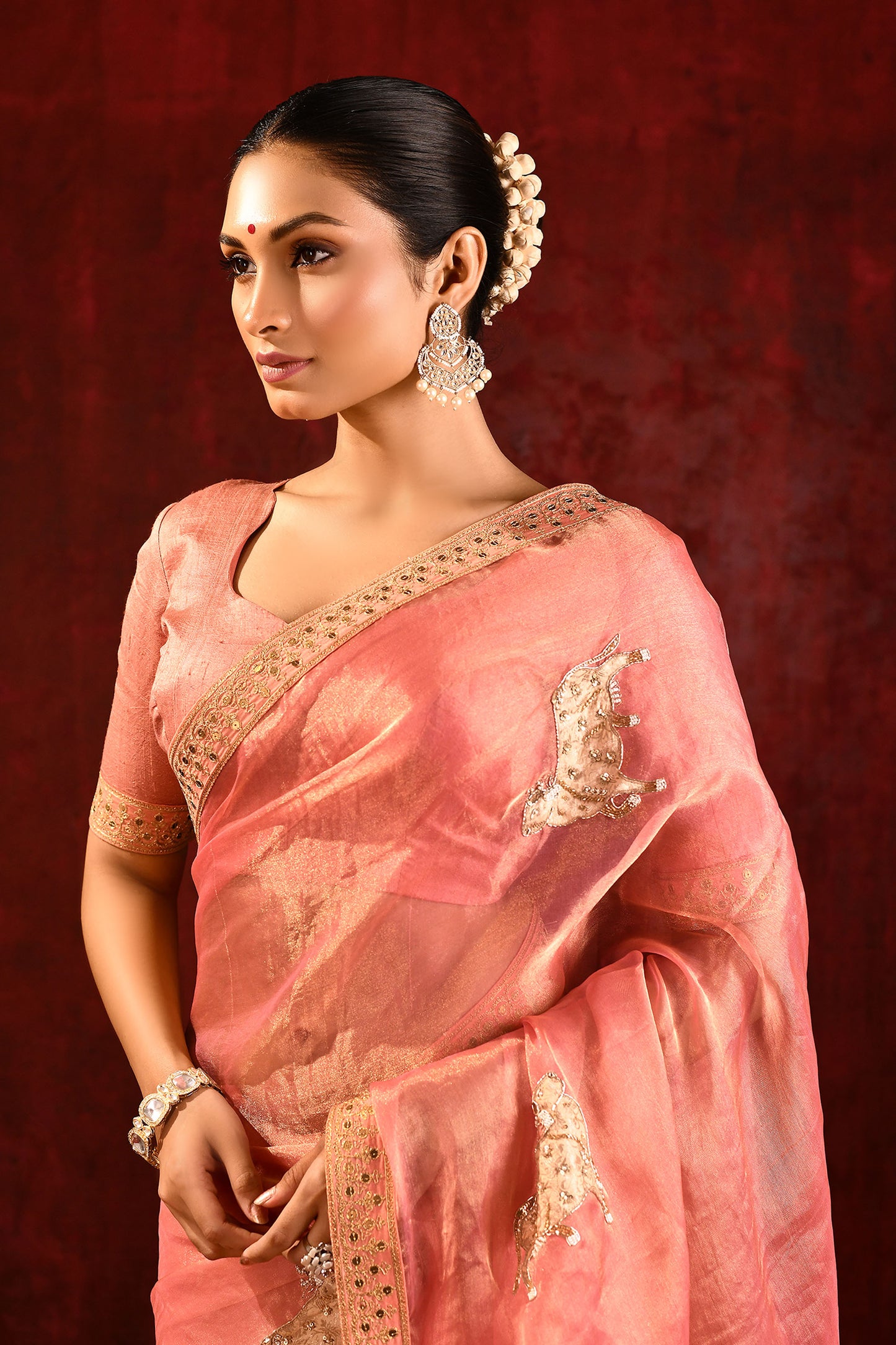 Peach Pink Floral Tissue Embroidered Saree