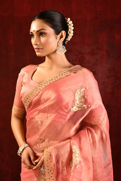 Peach Pink Floral Tissue Embroidered Saree