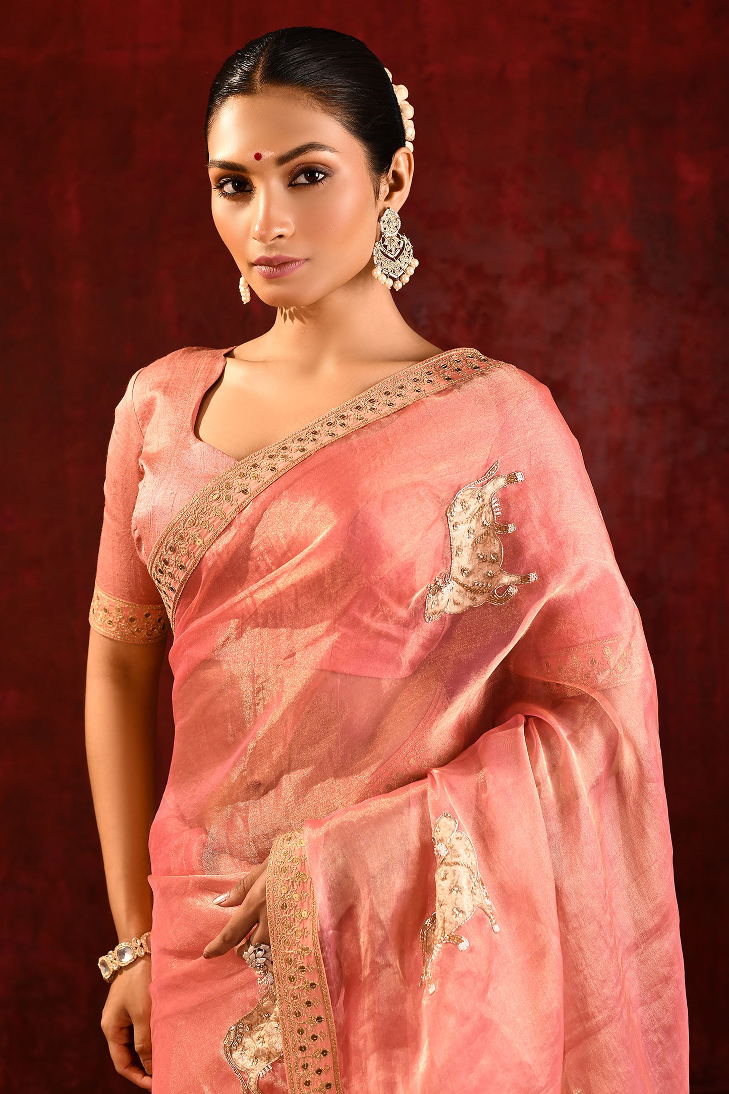 Peach Pink Floral Tissue Embroidered Saree