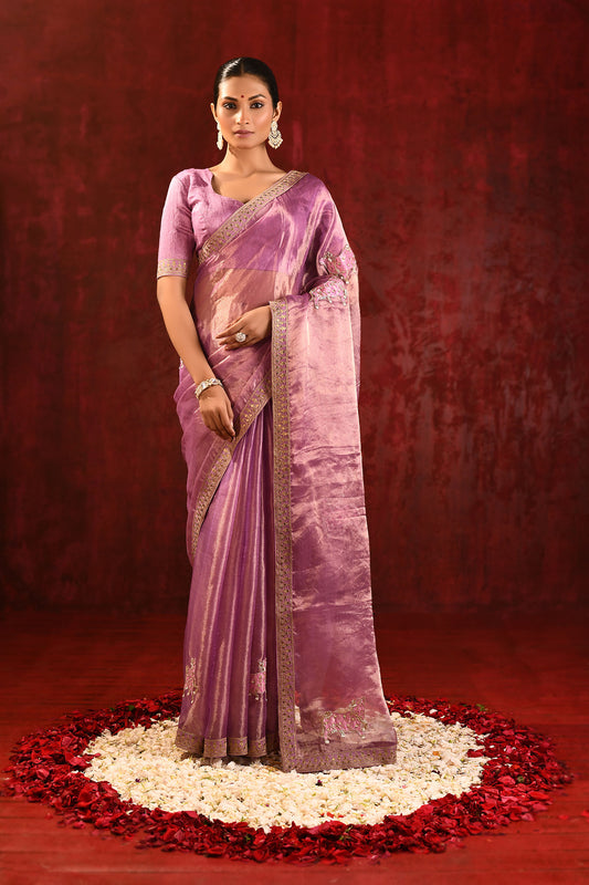 Shiny Lavender Embroidered Tissue Gomatha Saree