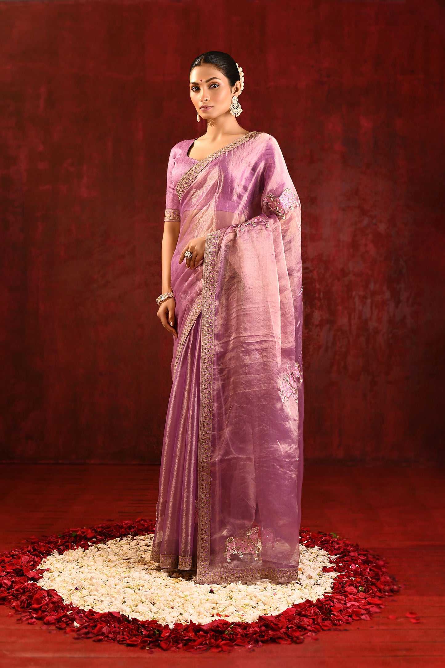 Shiny Lavender Embroidered Tissue Gomatha Saree
