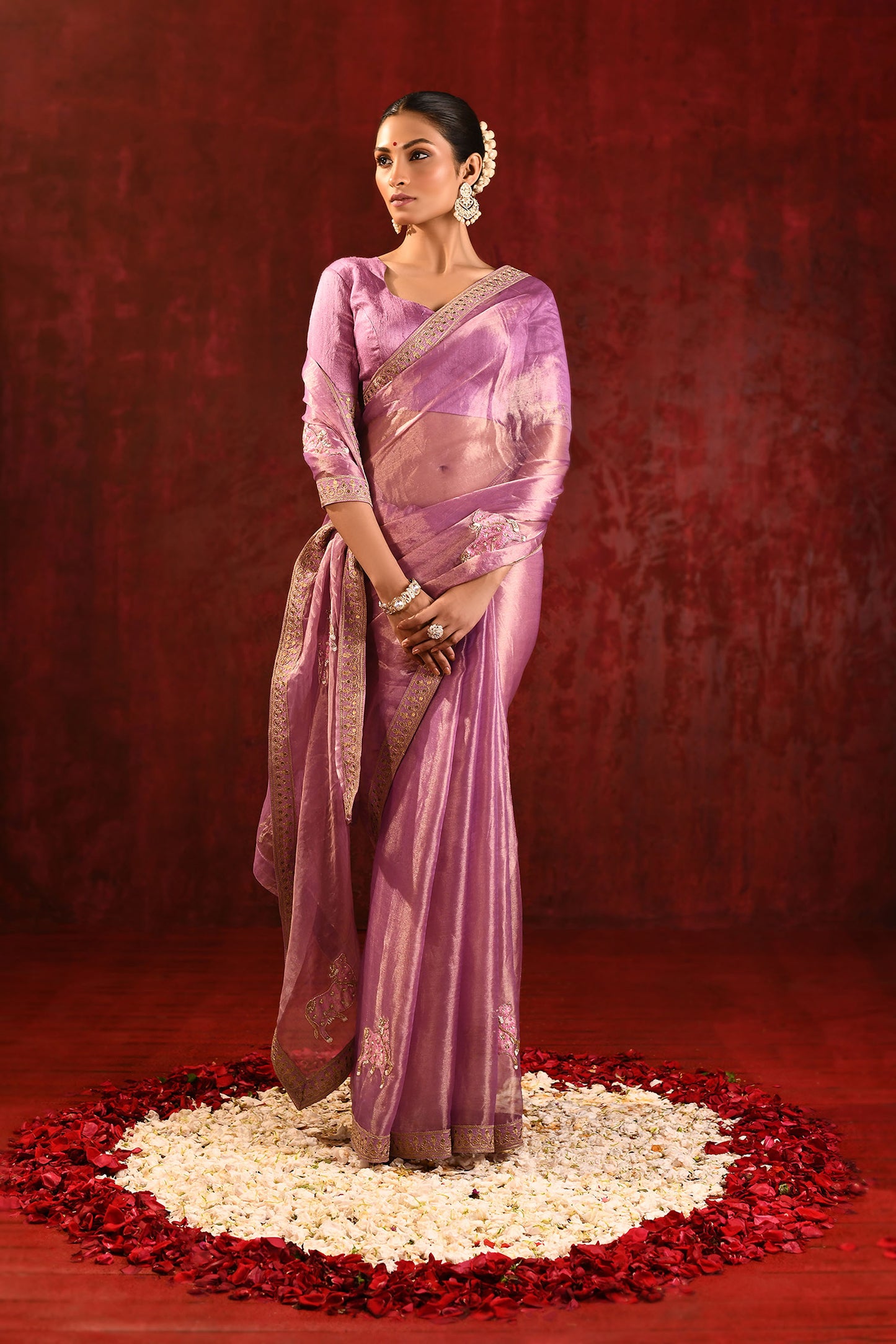 Shiny Lavender Embroidered Tissue Gomatha Saree