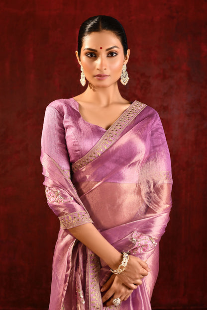 Shiny Lavender Embroidered Tissue Gomatha Saree