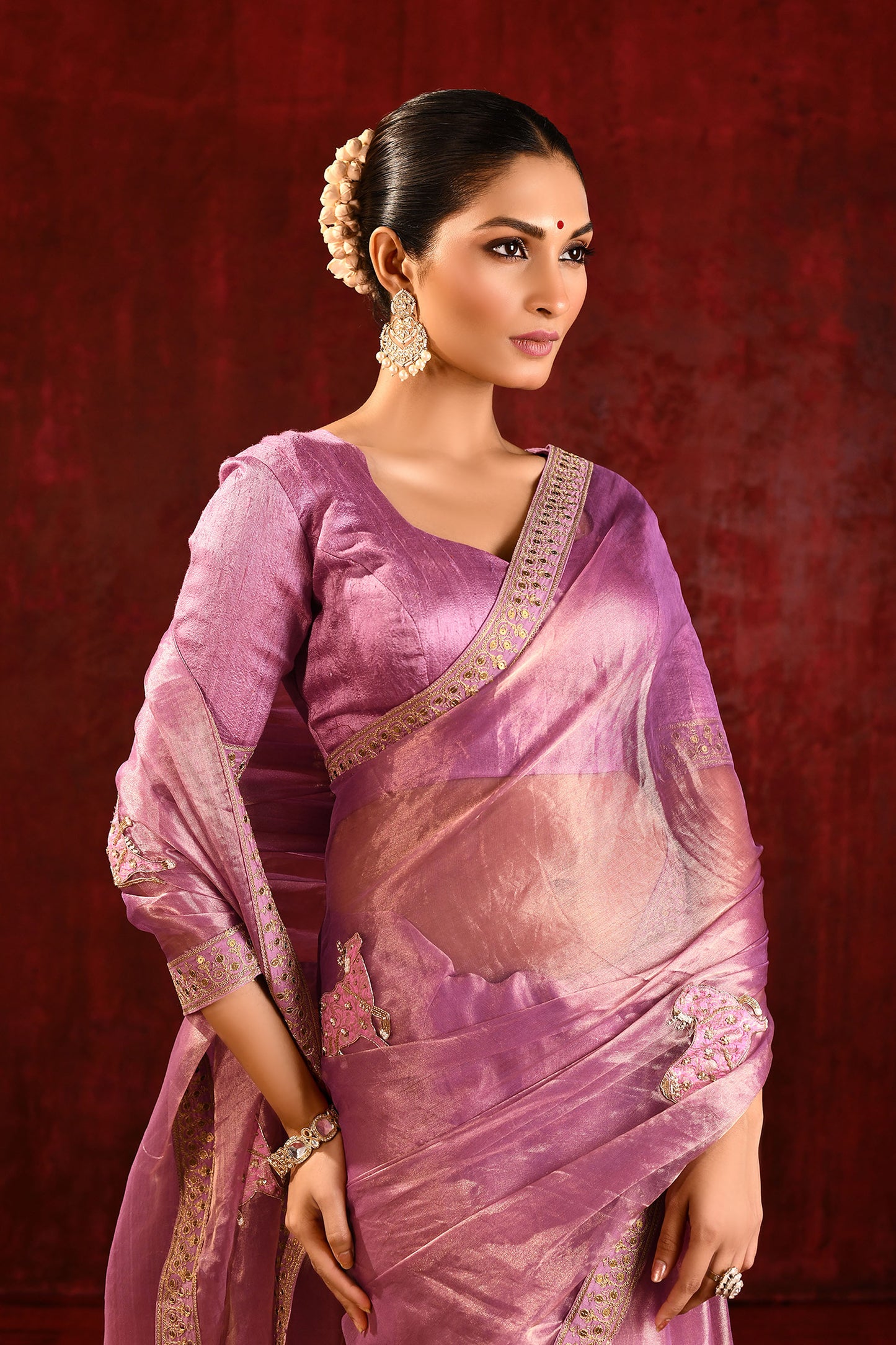Shiny Lavender Embroidered Tissue Gomatha Saree