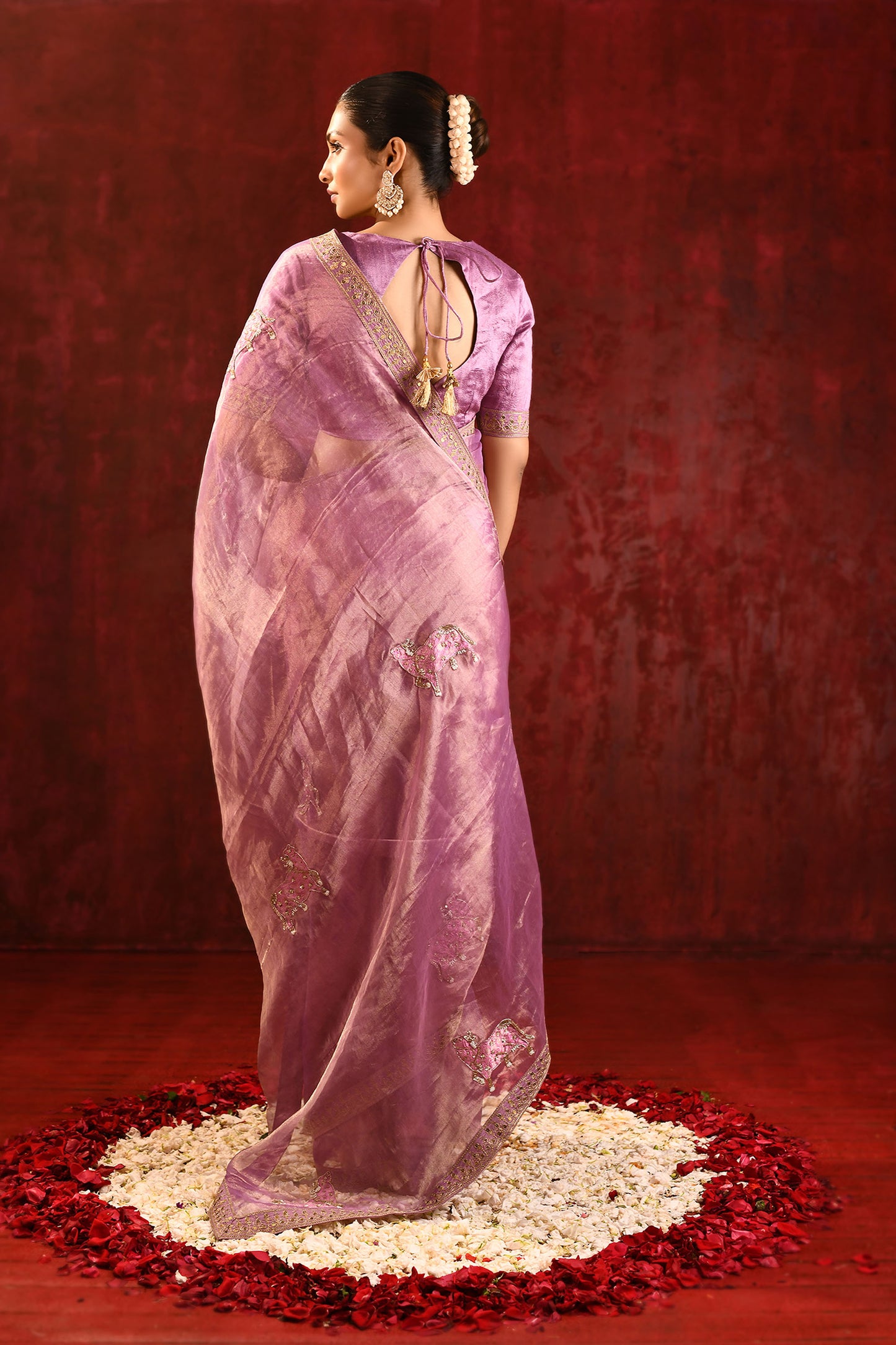 Shiny Lavender Embroidered Tissue Gomatha Saree
