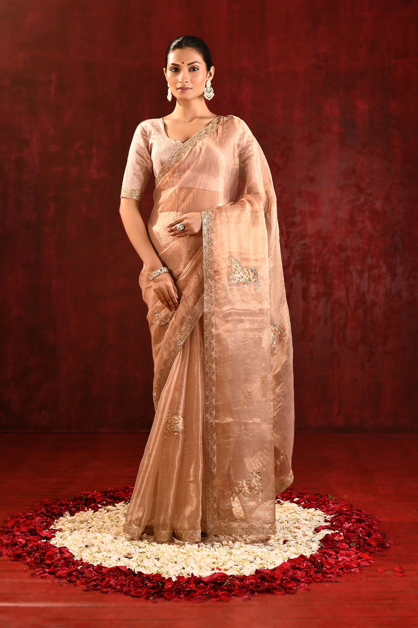 Pastel Gold Embroidered Gomatha Tissue Saree