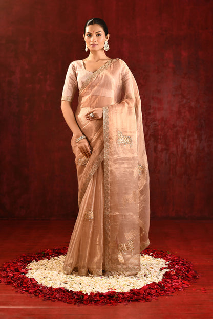 Pastel Gold Embroidered Gomatha Tissue Saree