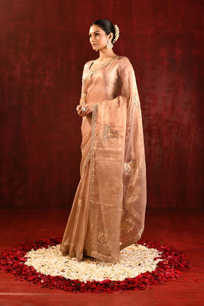 Pastel Gold Embroidered Gomatha Tissue Saree