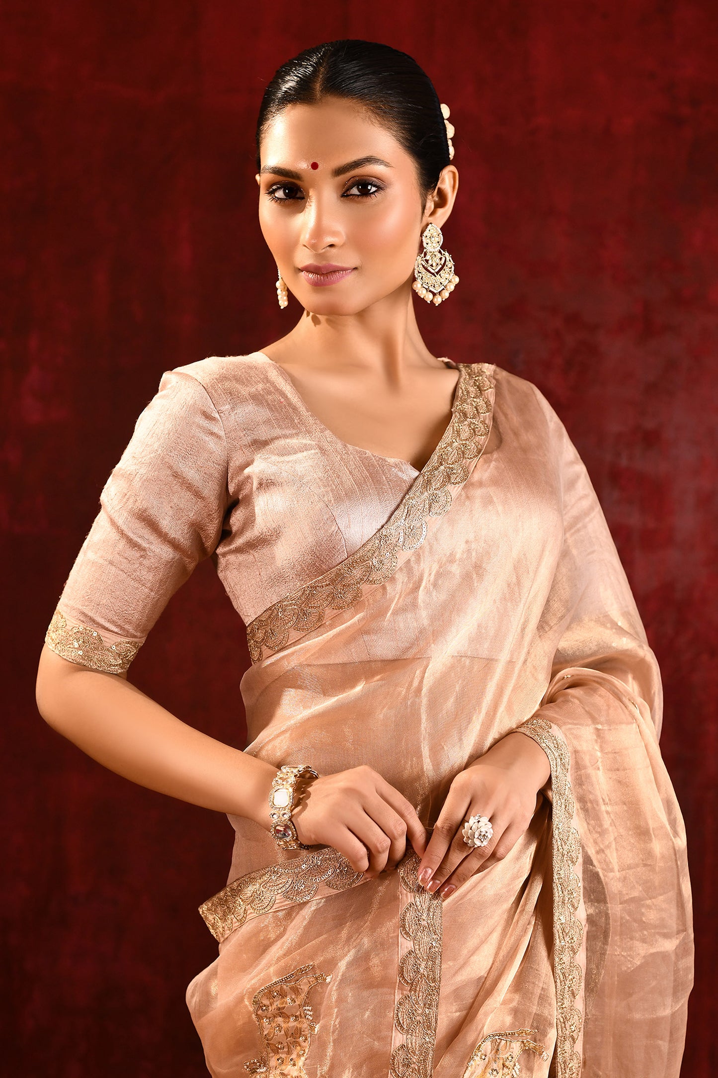 Light Beige Embroidered Tissue Gomatha Saree
