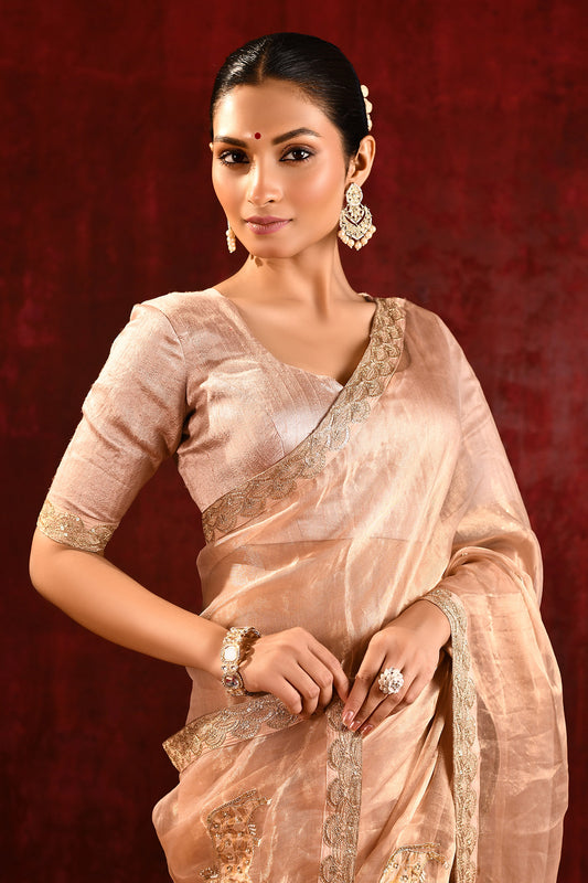 Light Beige Embroidered Tissue Gomatha Saree