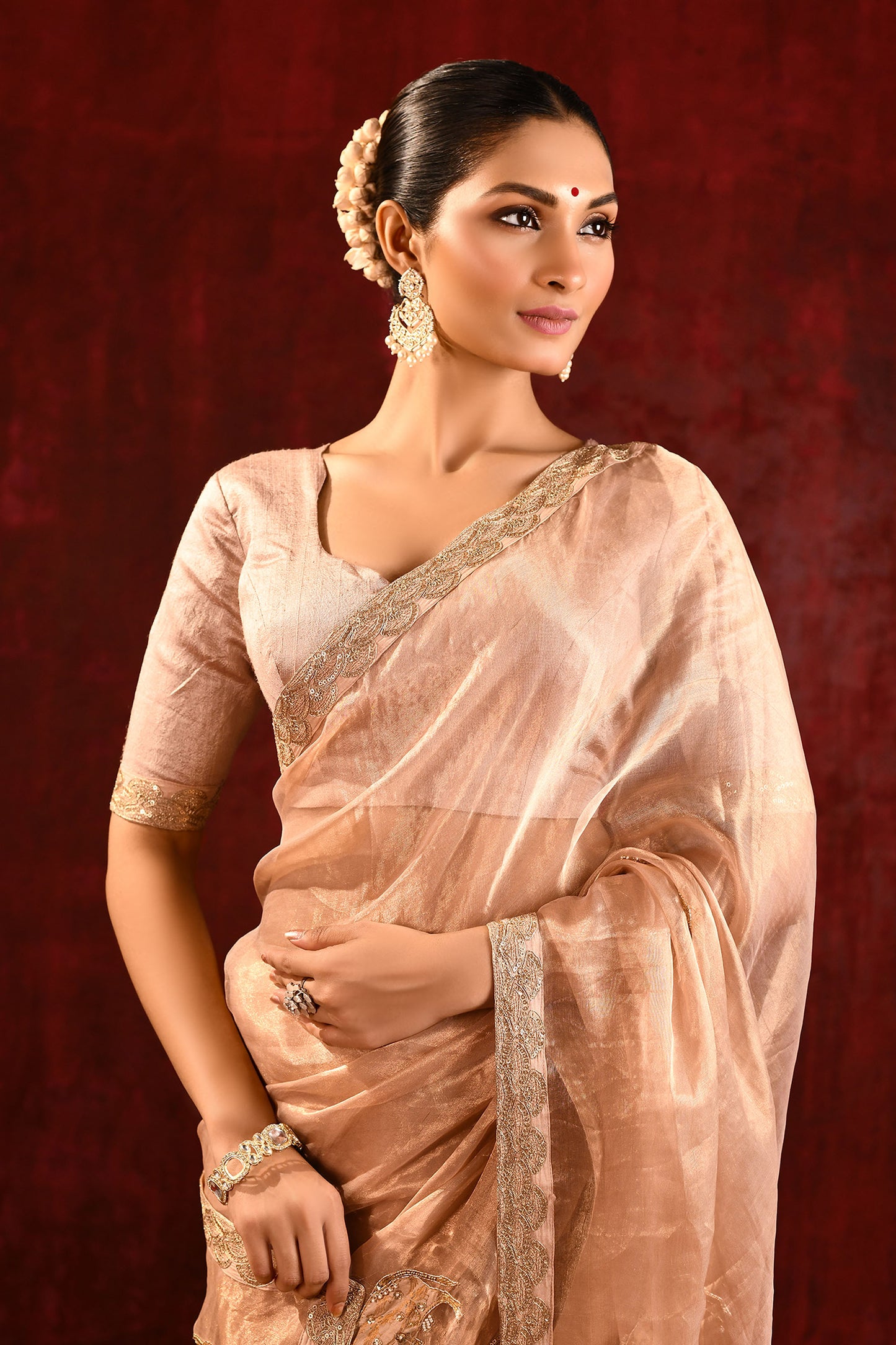 Pastel Gold Embroidered Gomatha Tissue Saree