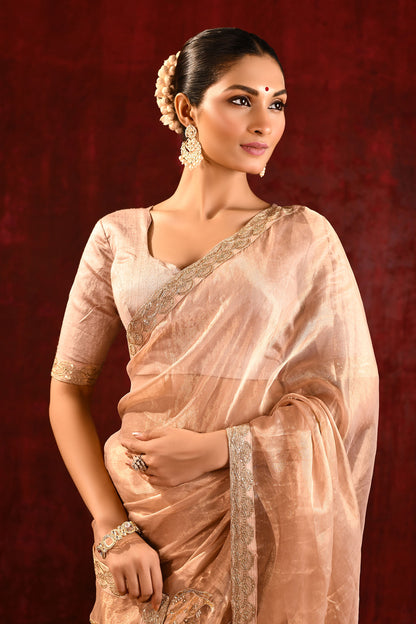 Pastel Gold Embroidered Gomatha Tissue Saree
