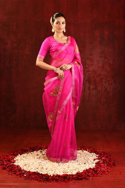Bright Pink Embroidered Gomatha Organza Saree