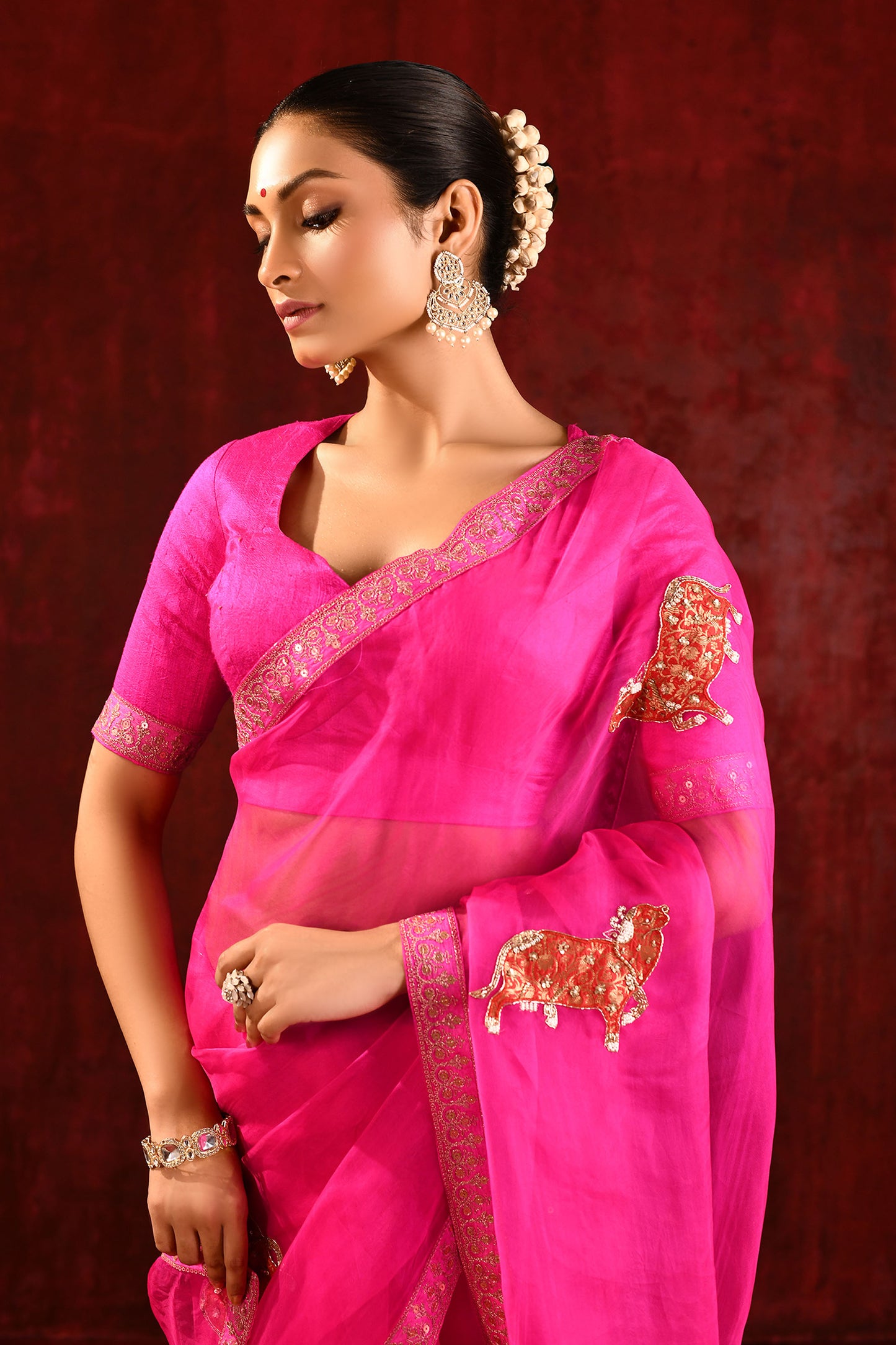 Bright Pink Embroidered Gomatha Organza Saree