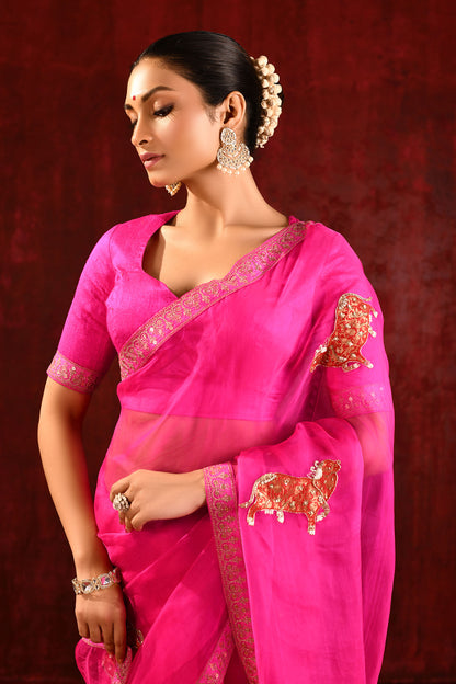 Bright Pink Embroidered Gomatha Organza Saree