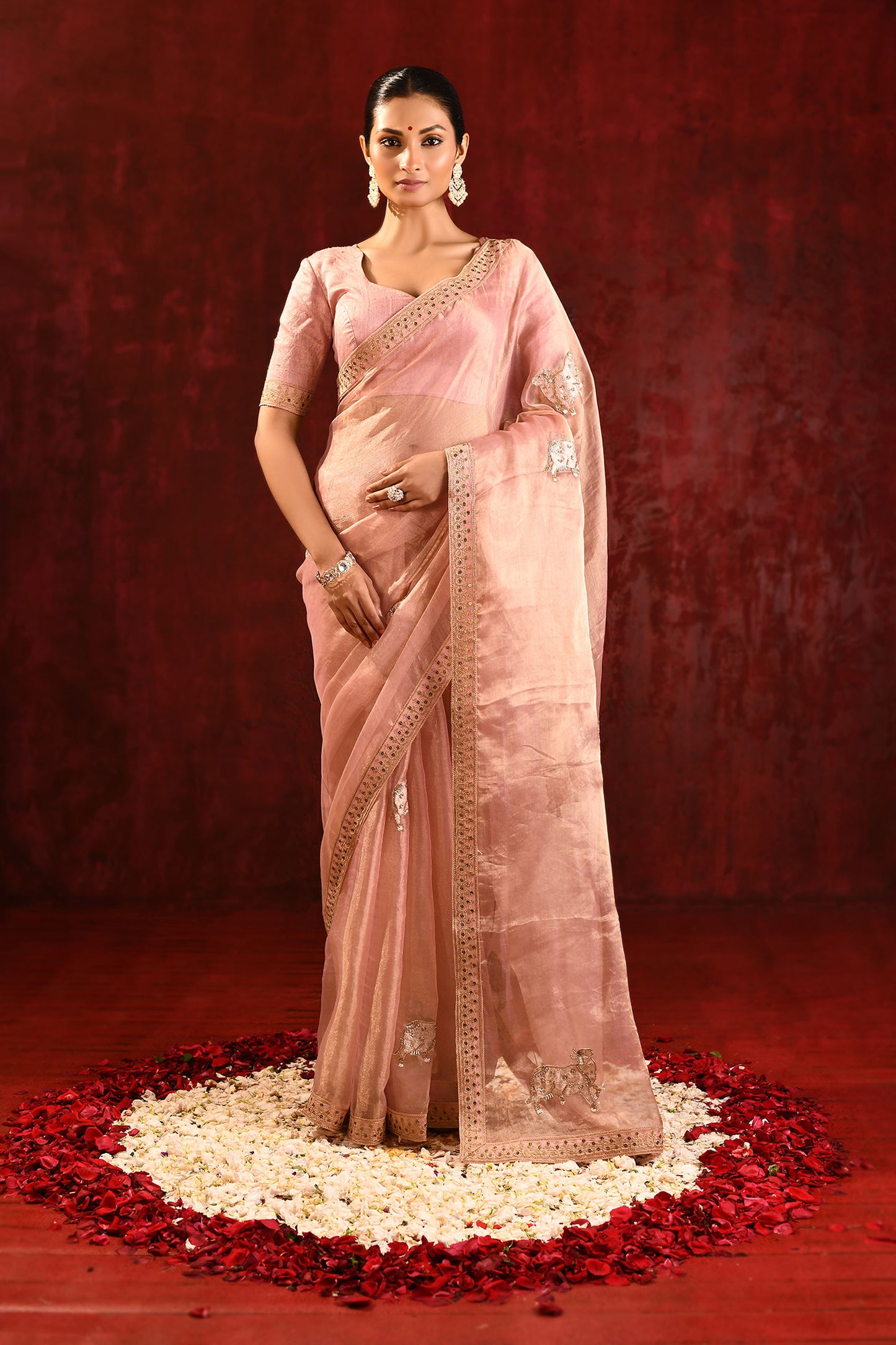 Pastel Pink Embroidered Tissue Gomatha Saree