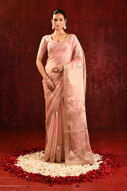 Pastel Pink Embroidered Tissue Gomatha Saree