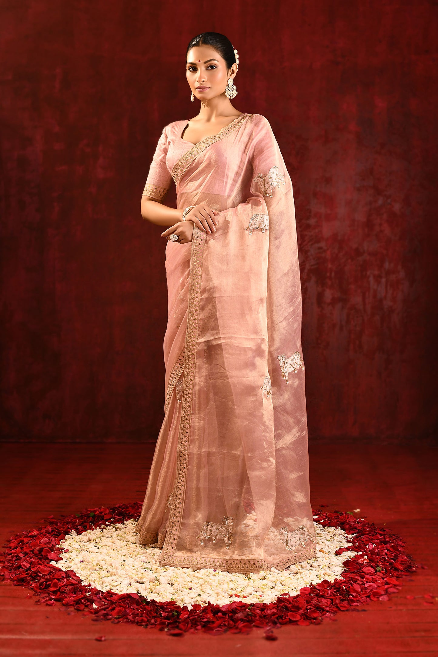 Pastel Pink Embroidered Tissue Gomatha Saree