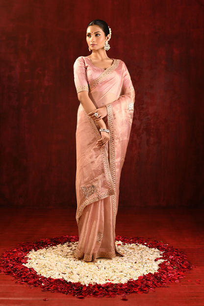 Pastel Pink Embroidered Tissue Gomatha Saree
