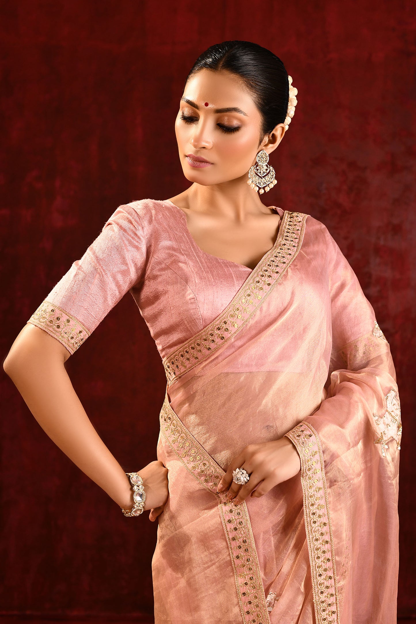 Pastel Pink Embroidered Tissue Gomatha Saree