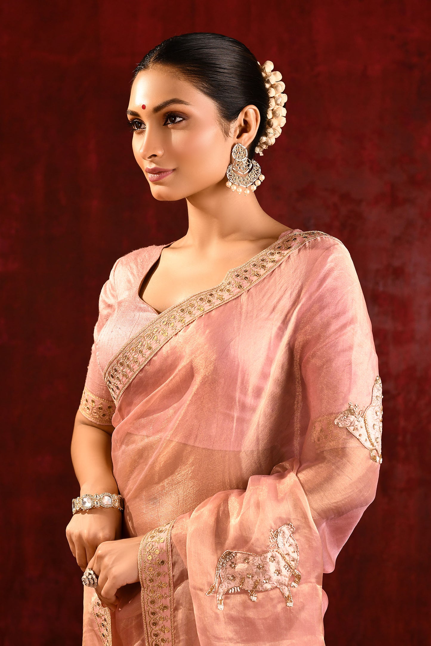 Pastel Pink Embroidered Tissue Gomatha Saree