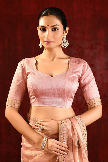 Pastel Pink Embroidered Tissue Gomatha Saree