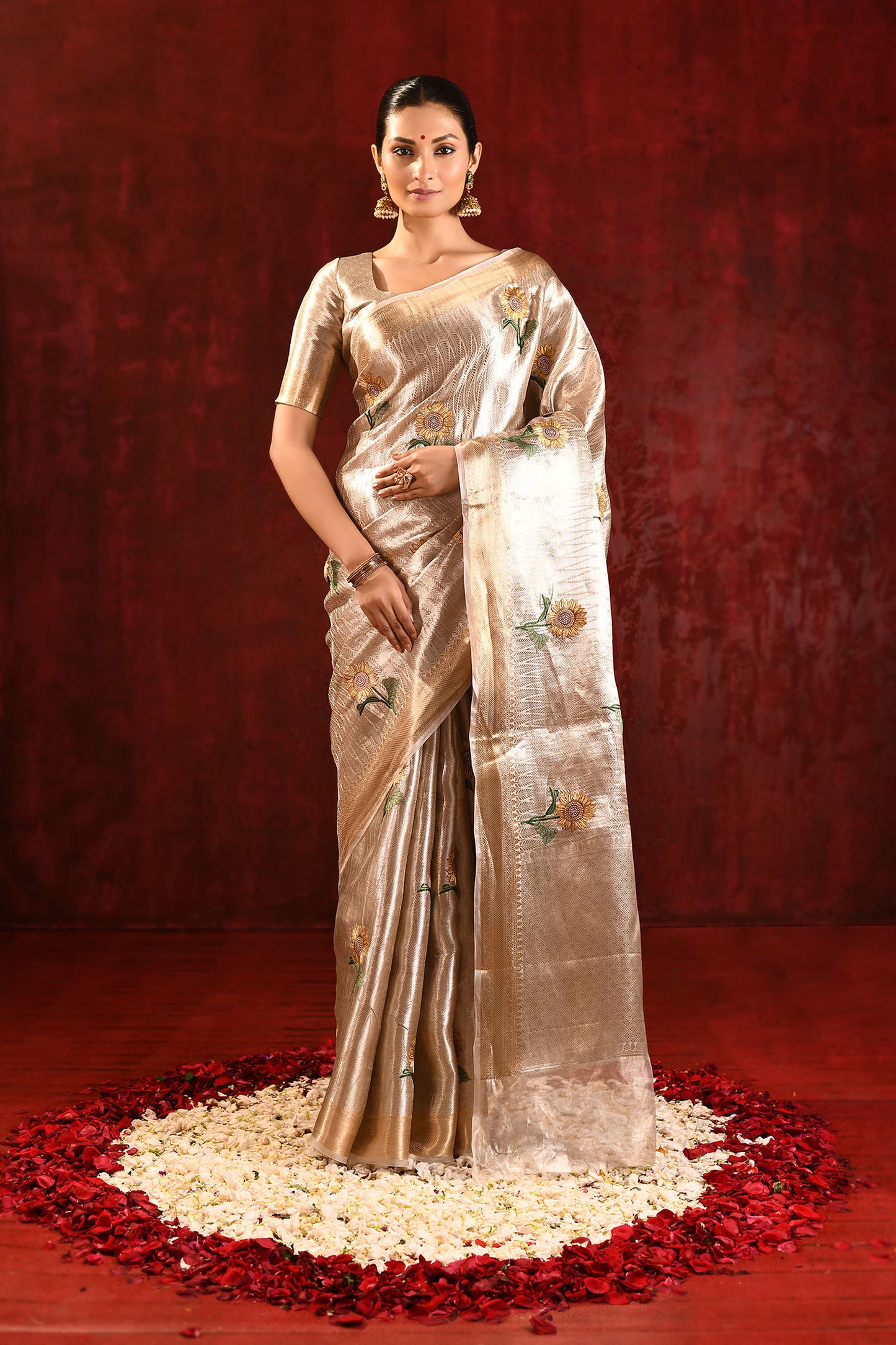 Jewel Gold Sunflower Embroidered Tissue Saree