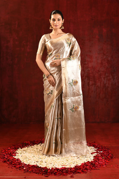 Metallic Gold Floral Tissue Embroidered Saree