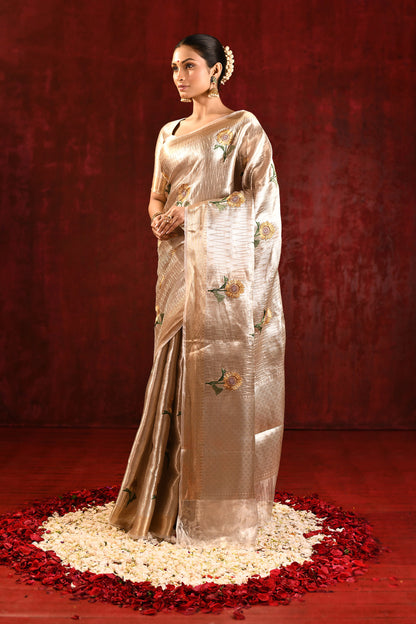 Metallic Gold Floral Tissue Embroidered Saree