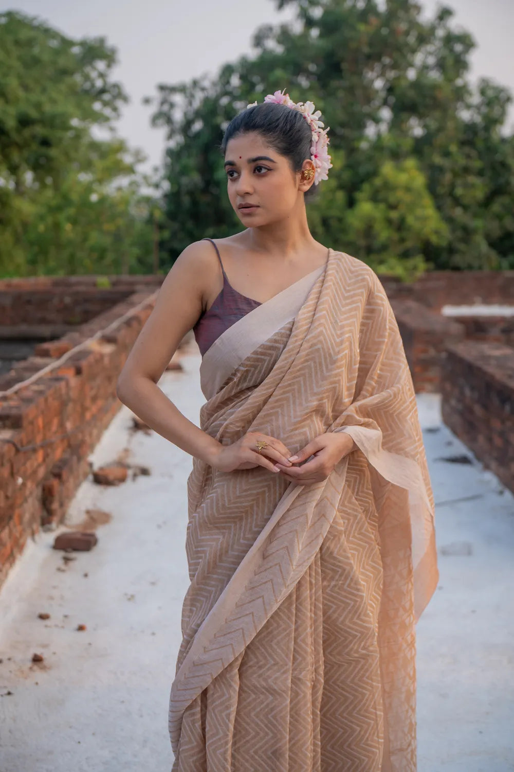 Handloom Beige Sandscape Linen Cotton Saree