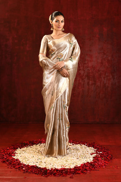 Jewel Gold Sunflower Embroidered Tissue Saree